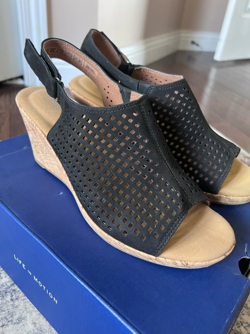 Rockport Black Briah Perforated Slingback Cork Wedge Sandal - Picture 15 of 16